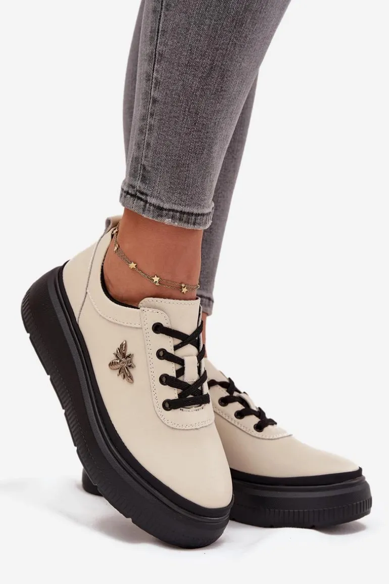 Skórzane Półbuty Damskie Na Platformie Z Przypinką Vinceza 41495 Beżowe