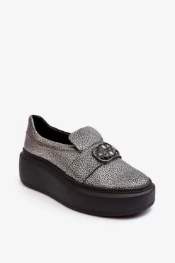 Skórzane Półbuty Damskie Na Platformie Z Ozdobą Laura Messi 2697/810 Srebrne