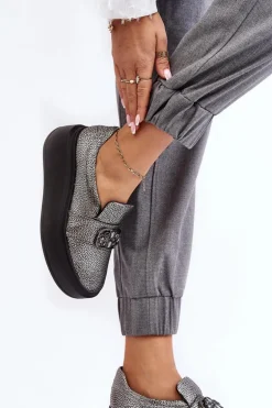 Skórzane Półbuty Damskie Na Platformie Z Ozdobą Laura Messi 2697/810 Srebrne