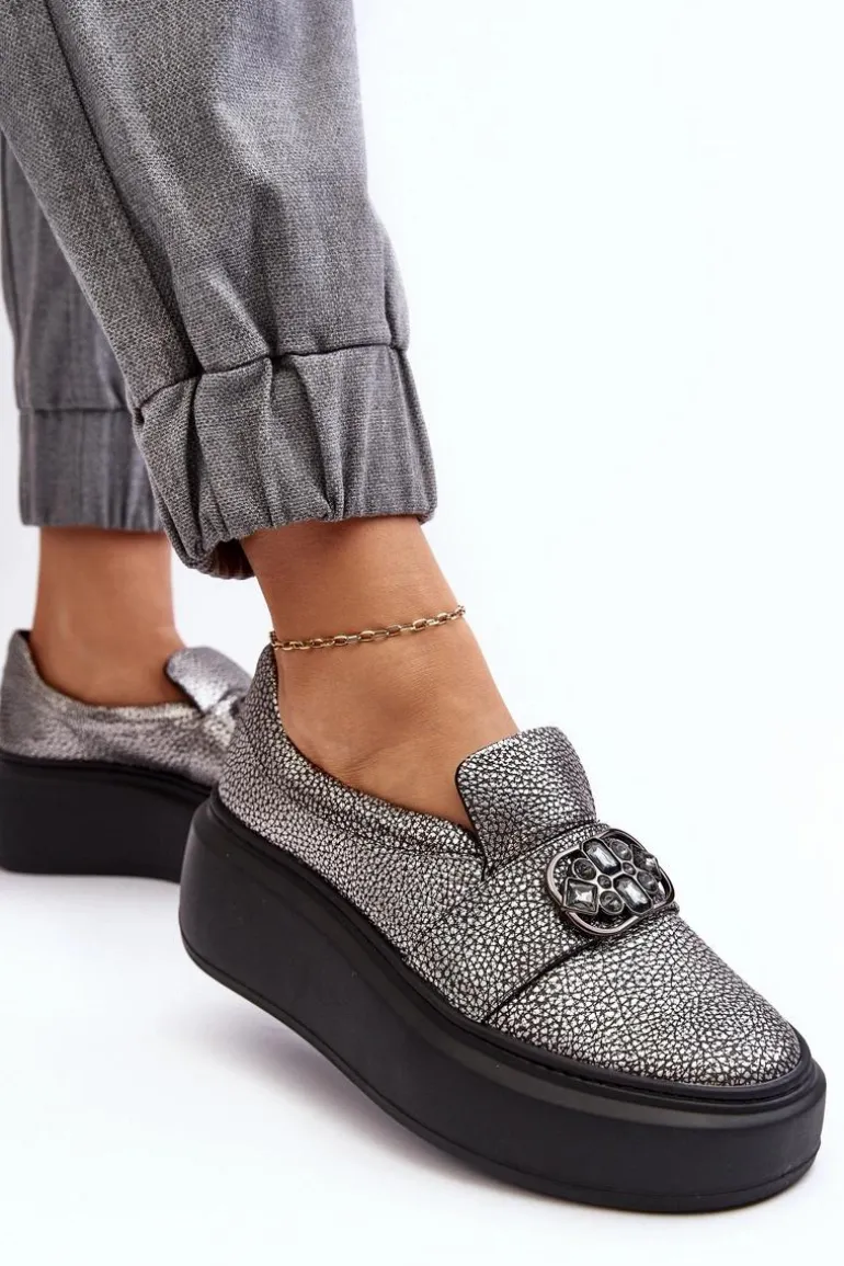 Skórzane Półbuty Damskie Na Platformie Z Ozdobą Laura Messi 2697/810 Srebrne