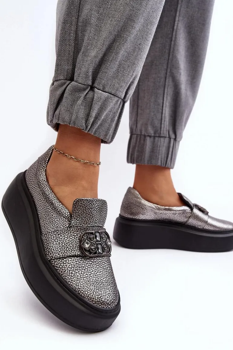 Skórzane Półbuty Damskie Na Platformie Z Ozdobą Laura Messi 2697/810 Srebrne