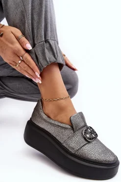 Skórzane Półbuty Damskie Na Platformie Z Ozdobą Laura Messi 2697/810 Srebrne