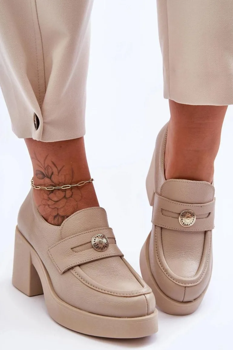 Skórzane Półbuty Damskie Na Słupku Beżowe Lemar Dunadia