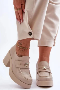 Skórzane Półbuty Damskie Na Słupku Beżowe Lemar Dunadia