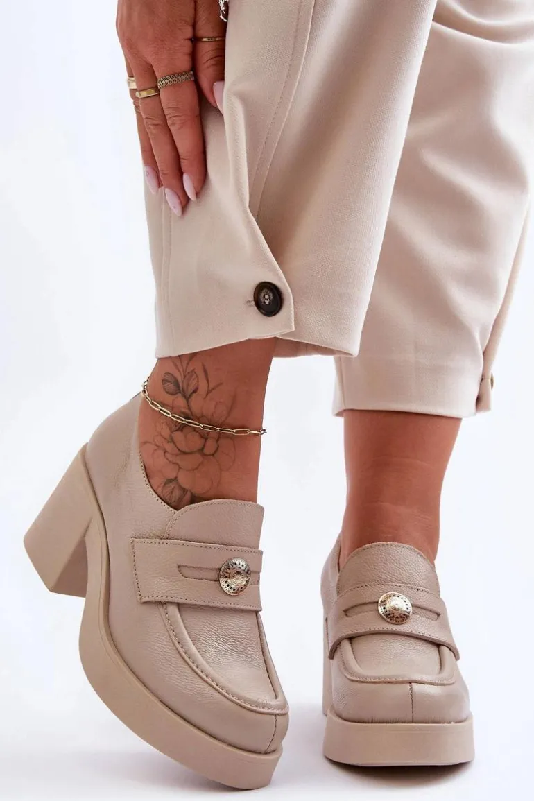 Skórzane Półbuty Damskie Na Słupku Beżowe Lemar Dunadia