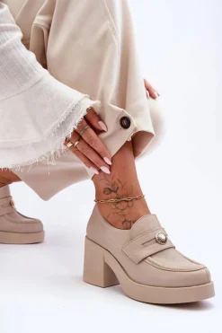 Skórzane Półbuty Damskie Na Słupku Beżowe Lemar Dunadia