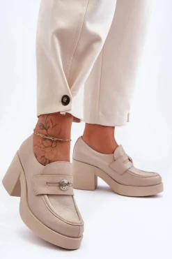 Skórzane Półbuty Damskie Na Słupku Beżowe Lemar Dunadia