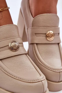 Skórzane Półbuty Damskie Na Słupku Beżowe Lemar Dunadia