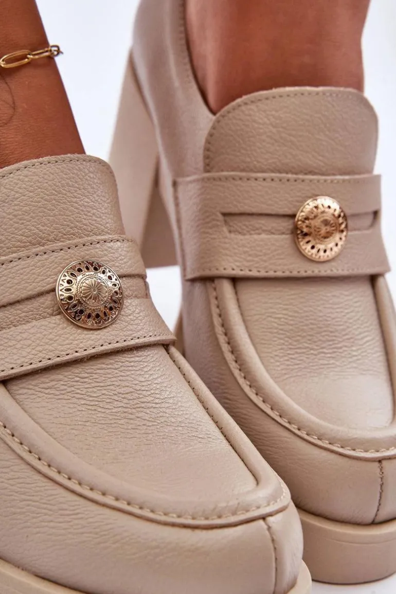 Skórzane Półbuty Damskie Na Słupku Beżowe Lemar Dunadia