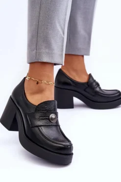 Skórzane Półbuty Damskie Na Słupku Czarne Lemar Dunadia