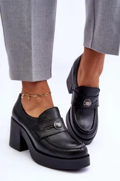 Skórzane Półbuty Damskie Na Słupku Czarne Lemar Dunadia
