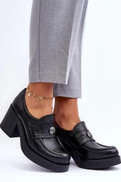 Skórzane Półbuty Damskie Na Słupku Czarne Lemar Dunadia