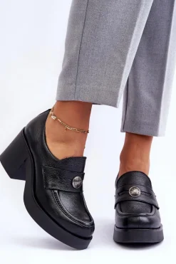 Skórzane Półbuty Damskie Na Słupku Czarne Lemar Dunadia