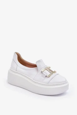 Skórzane Półbuty Damskie Na Platformie Białe Lewski 3398/2