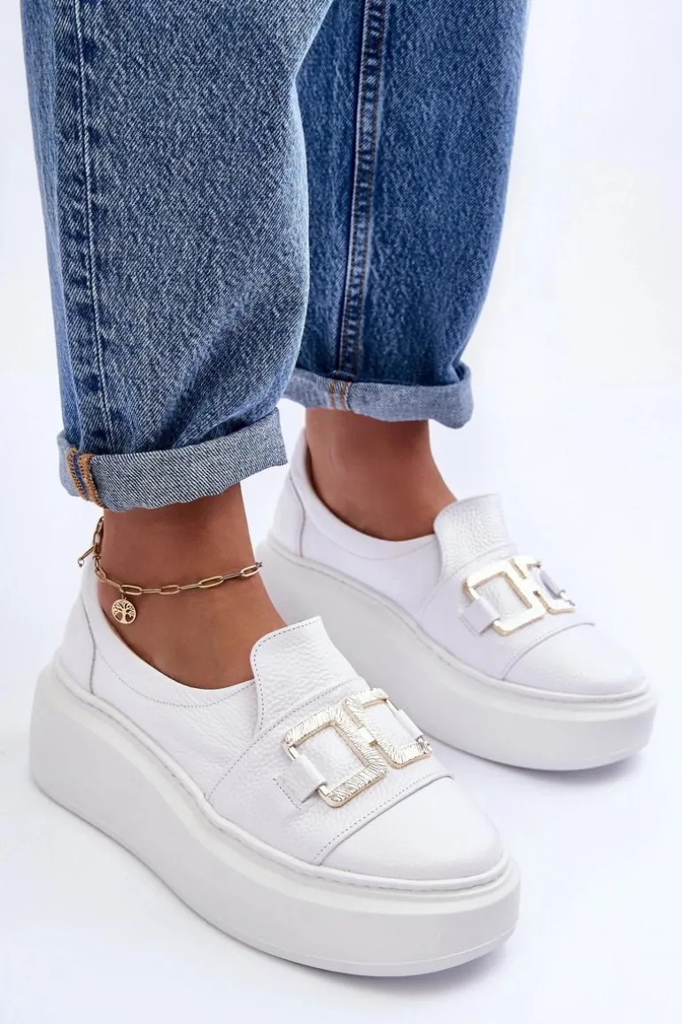 Skórzane Półbuty Damskie Na Platformie Białe Lewski 3398/2