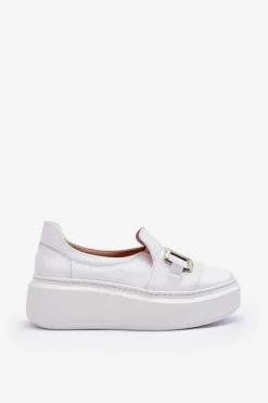 Skórzane Półbuty Damskie Na Platformie Białe Lewski 3398/2