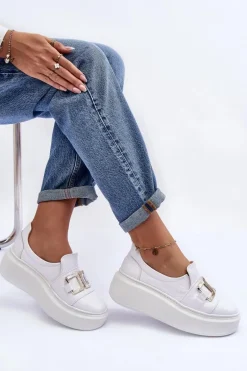 Skórzane Półbuty Damskie Na Platformie Białe Lewski 3398/2