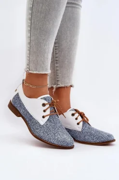 Skórzane Półbuty Damskie Na Płaskim Obcasie Maciejka 06461-17 Niebieskie