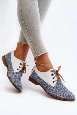 Skórzane Półbuty Damskie Na Płaskim Obcasie Maciejka 06461-17 Niebieskie