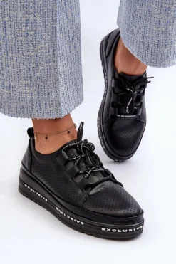 Skórzane Półbuty Damskie Na Platformie S.Barski LR769A Czarne