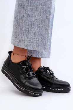 Skórzane Półbuty Damskie Na Platformie S.Barski LR769A Czarne