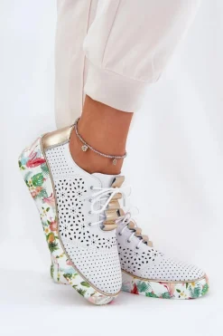 Skórzane Półbuty Damskie Na Koturnie Artiker 56C1800 Biało-Złote