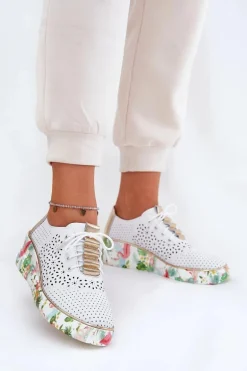 Skórzane Półbuty Damskie Na Koturnie Artiker 56C1800 Biało-Złote