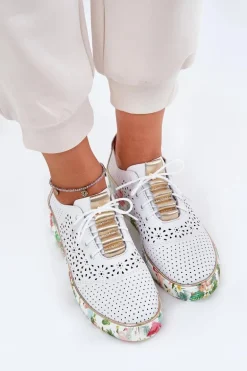 Skórzane Półbuty Damskie Na Koturnie Artiker 56C1800 Biało-Złote