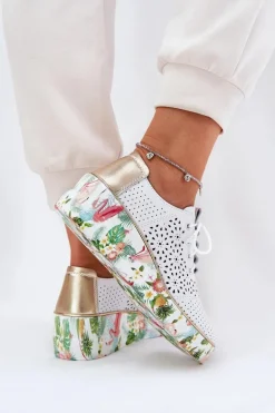 Skórzane Półbuty Damskie Na Koturnie Artiker 56C1800 Biało-Złote