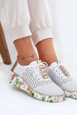 Skórzane Półbuty Damskie Na Koturnie Artiker 56C1800 Biało-Złote