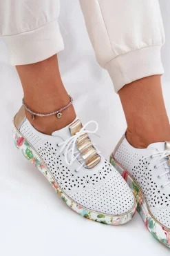 Skórzane Półbuty Damskie Na Koturnie Artiker 56C1800 Biało-Złote