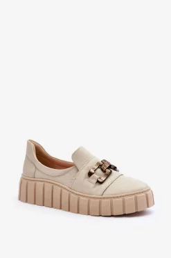 Skórzane Półbuty Damskie Na Platformie Z Ozdobą Beżowe Lewski 3398