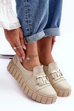 Skórzane Półbuty Damskie Na Platformie Beżowe Lewski 3398