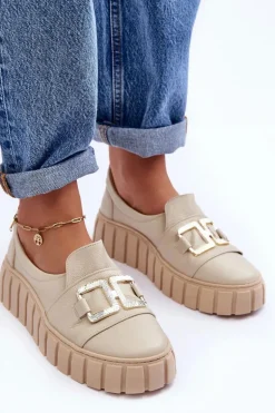 Skórzane Półbuty Damskie Na Platformie Beżowe Lewski 3398
