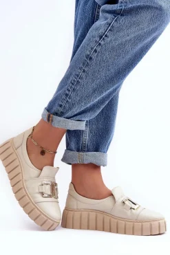 Skórzane Półbuty Damskie Na Platformie Beżowe Lewski 3398