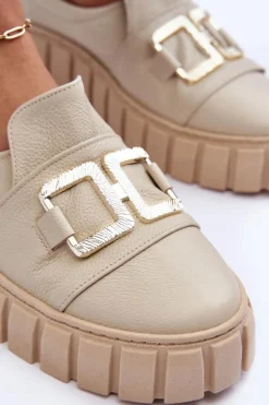 Skórzane Półbuty Damskie Na Platformie Beżowe Lewski 3398