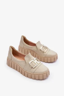 Skórzane Półbuty Damskie Na Platformie Beżowe Lewski 3398