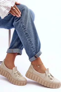 Skórzane Półbuty Damskie Na Platformie Beżowe Lewski 3398