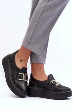 Skórzane Półbuty Damskie Na Platformie Czarne Lewski 3398/2