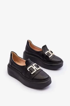 Skórzane Półbuty Damskie Na Platformie Czarne Lewski 3398/2