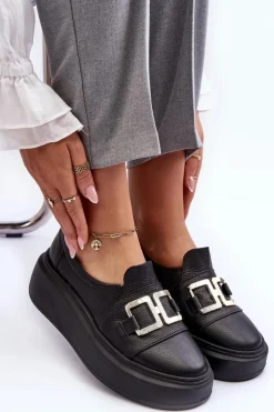 Skórzane Półbuty Damskie Na Platformie Czarne Lewski 3398/2