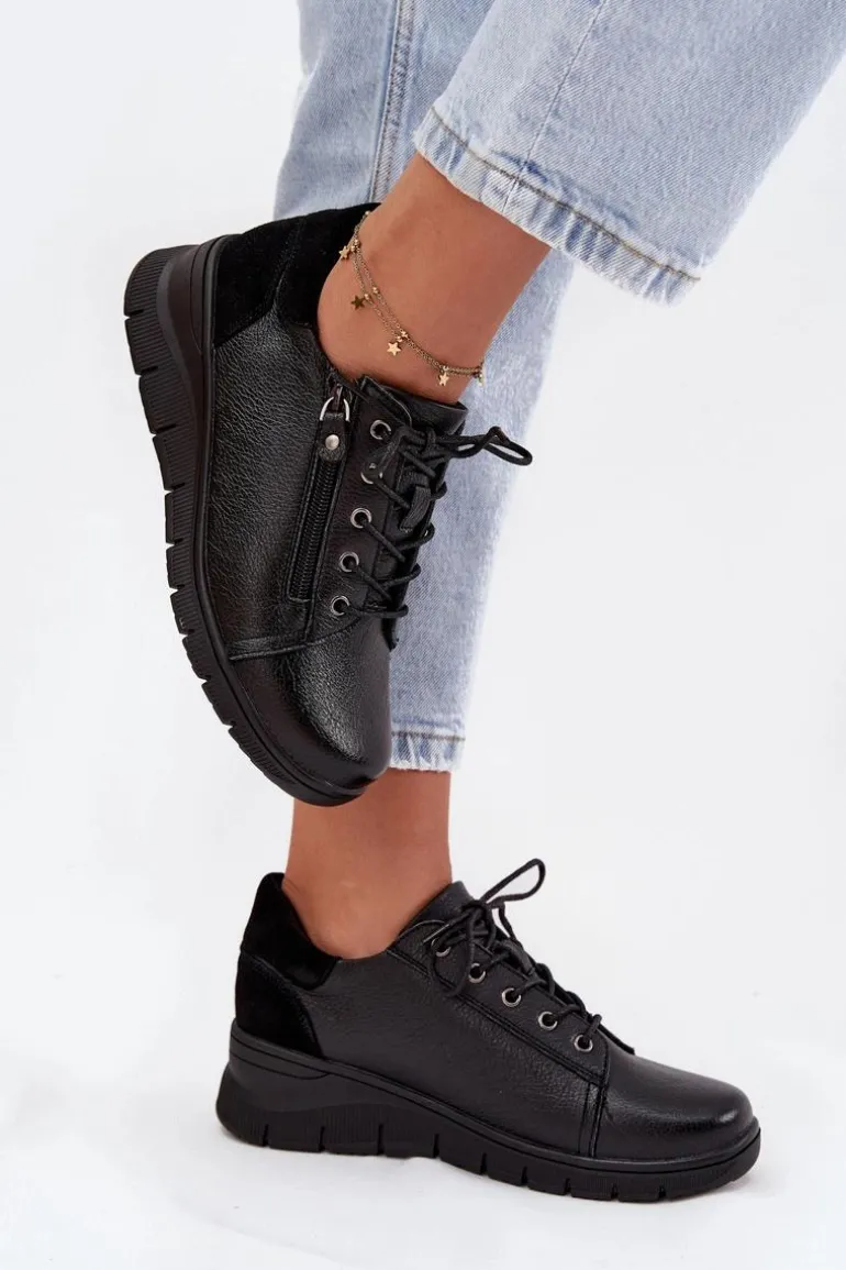 Skórzane Półbuty Damskie Na Koturnie Vinceza 39964 Czarne