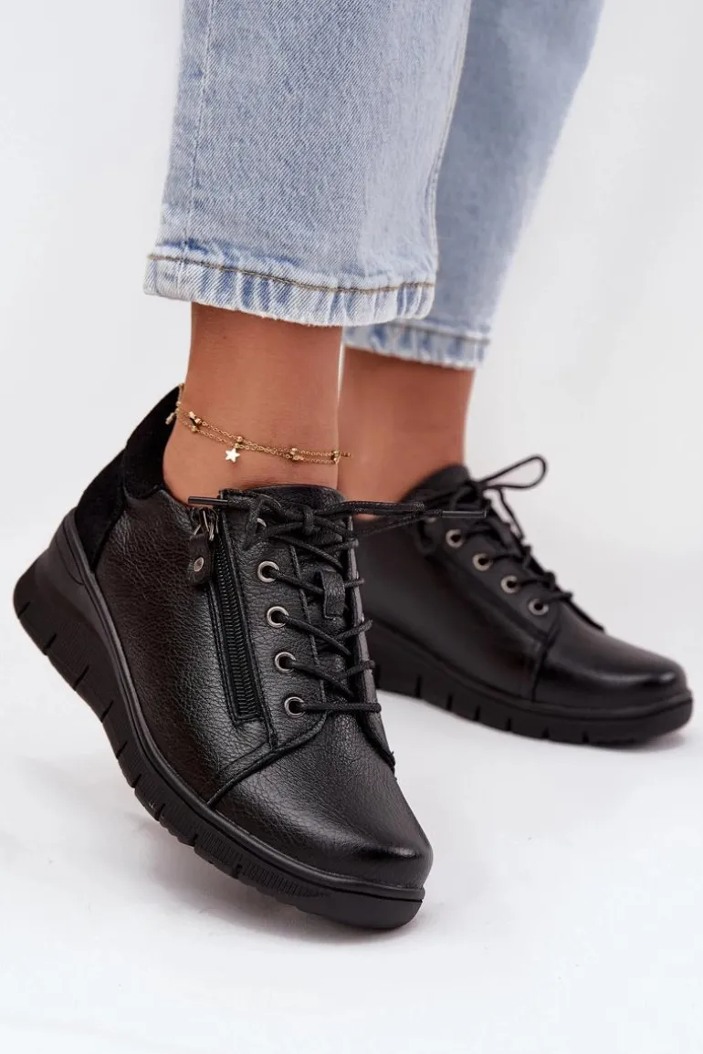 Skórzane Półbuty Damskie Na Koturnie Vinceza 39964 Czarne