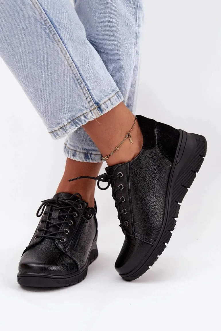 Skórzane Półbuty Damskie Na Koturnie Vinceza 39964 Czarne