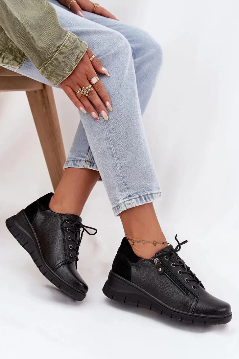 Skórzane Półbuty Damskie Na Koturnie Vinceza 39964 Czarne