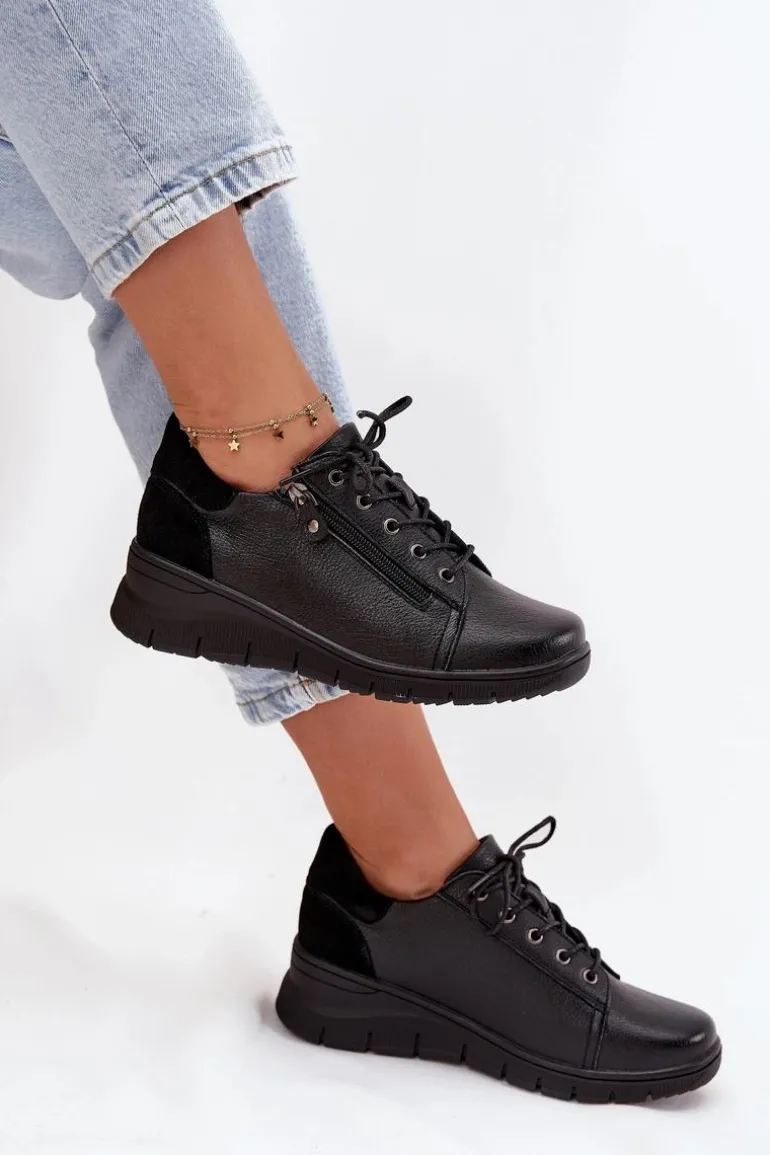 Skórzane Półbuty Damskie Na Koturnie Vinceza 39964 Czarne