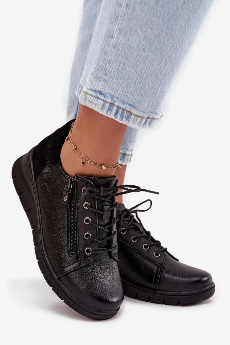 Skórzane Półbuty Damskie Na Koturnie Vinceza 39964 Czarne