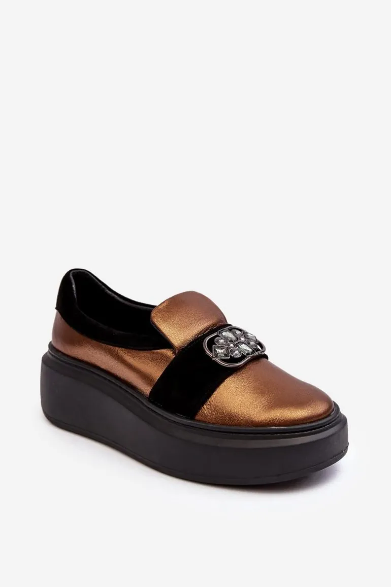 Skórzane Półbuty Damskie Na Platformie Z Ozdobą Laura Messi 2697/744-300 Złote