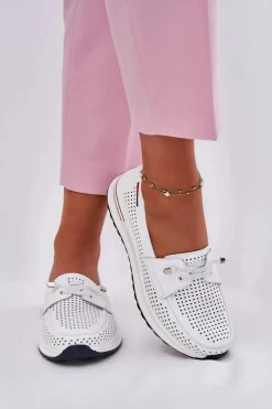 Skórzane Półbuty Damskie Na Platformie Białe Violeth