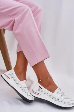 Skórzane Półbuty Damskie Na Platformie Białe Violeth